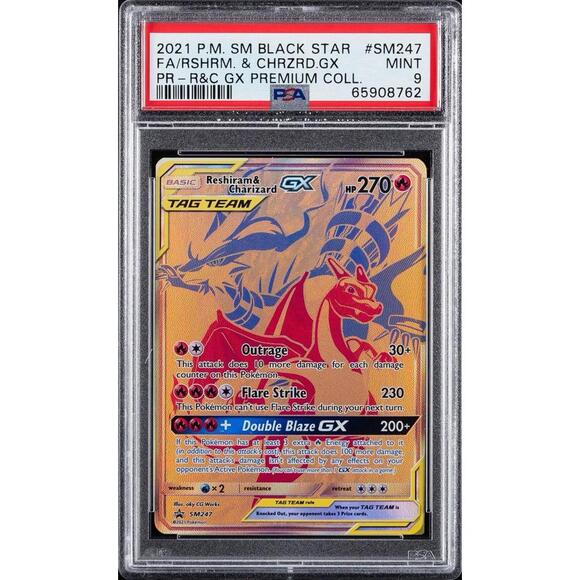 2021 POKEMON SM BLACK STAR PROMO #SM247 FULL ART/RESHIRAM & CHARIZARD GX PSA 9